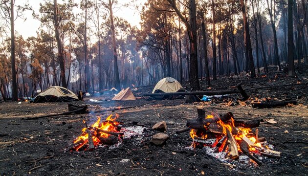 Burnt Campsite with Embers and Tents After Fire