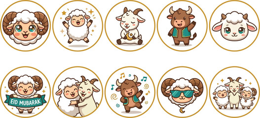 Obraz premium Eid Mubarak cute cartoon sacrificial animal sticker set with sheep goat and cow for Islamic holiday kids content, transparent background
