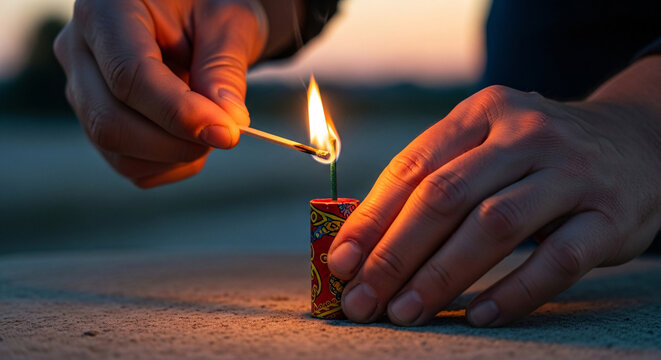 Close up of Hands Igniting a Small Firework with a Matchstick on a Concrete Surface at Dusk