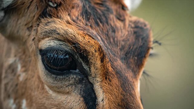 Close-up of a brown animal's eye, with dark fur, showing intricate detail
