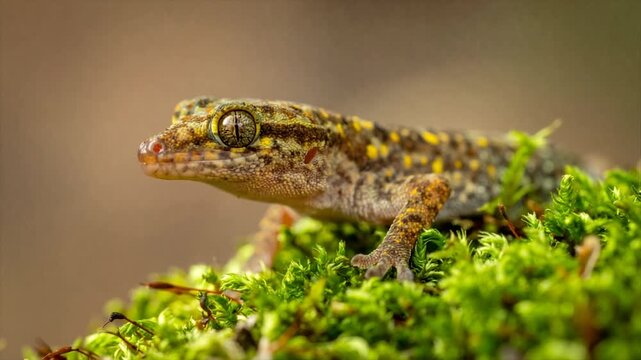 A close-up of a reptile with patterned skin, resting on moss, with intense eye contact