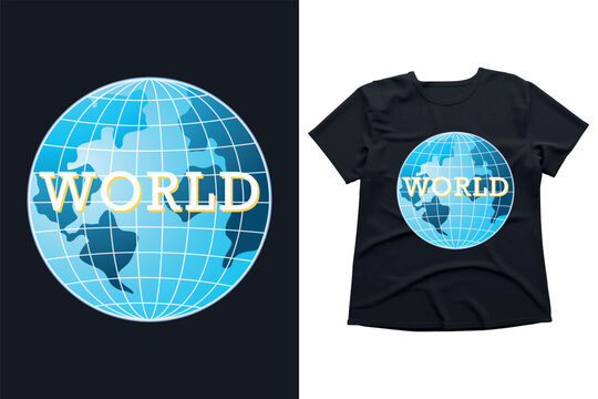 Blue globe map illustration with world text, vector earth icon for travel and environment t-shirt design, isolated on black background