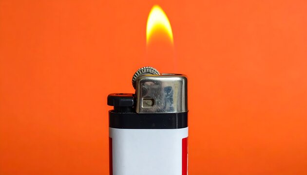 Lighter with flame on orange background.
