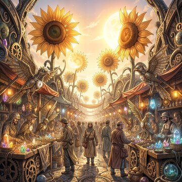 A vibrant, bustling marketplace on an alien planet, where merchants sell intricate clockwork birds crafted from precious metals