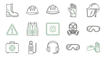 Fototapeta premium Collection of industrial safety icons illustrating protective equipment and safety practices in construction and work sites.