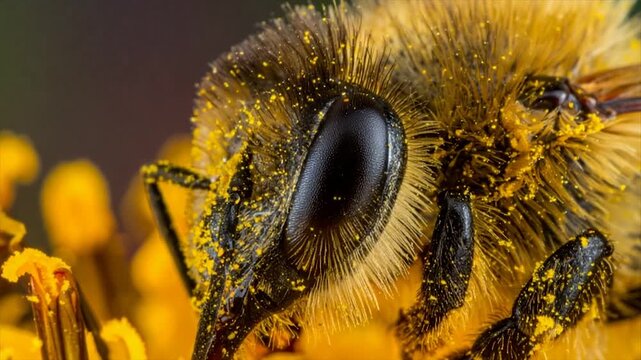 A close-up of a bee, covered in pollen, on a yellow flower, with detailed textures