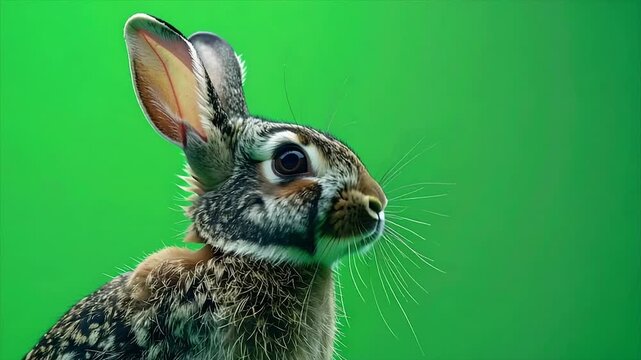 Profile view of a rabbit against a green background, with focus on details