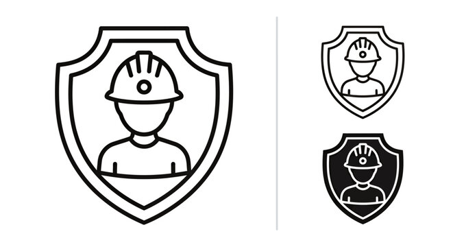 Vector icon of a firefighter inside a shield emblem with helmet and badge design.