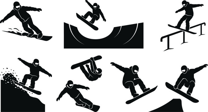 Set of black snowboarder silhouettes performing various winter sports tricks
