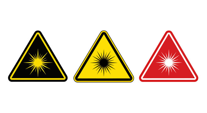 Set of three triangular warning icons featuring starburst motifs in black, yellow, and red colors for hazard or alert signaling.