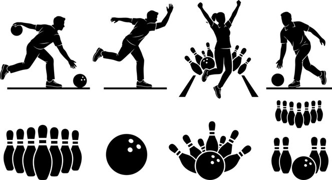 Set of bowling player silhouettes and equipment vector illustration