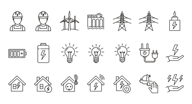 Collection of simple line icons illustrating people, buildings, power lines, and household objects in a graphic resource set.