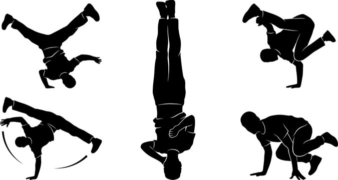 Set of breakdancer silhouettes performing various street dance moves vector
