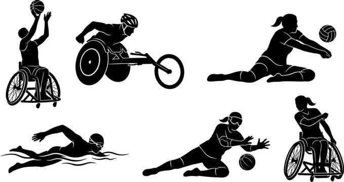 Set of disabled and able bodied athletes silhouettes vector illustration