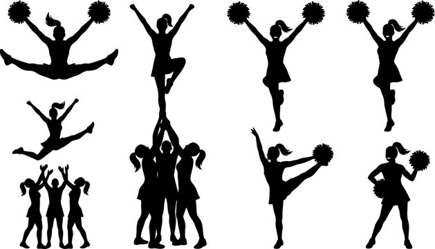 Set of cheerleading silhouettes performing athletic stunts and dance moves