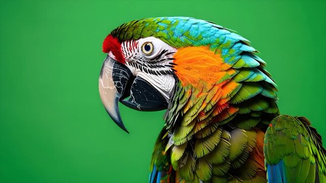 A vibrant parrot with colorful plumage, set against a solid green background