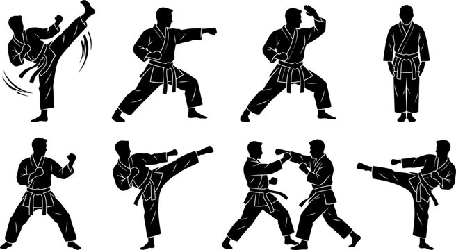 Set of karate fighter silhouettes in various martial arts poses
