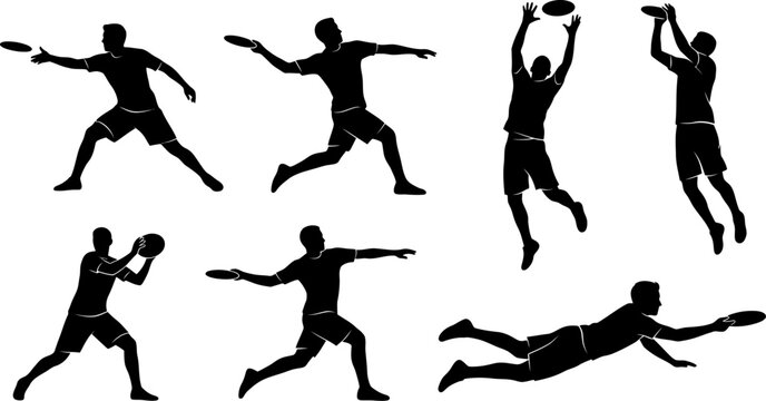 Set of ultimate frisbee player silhouettes in action poses vector illustration