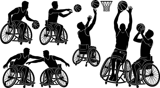 Set of wheelchair basketball players silhouettes in action vector illustration
