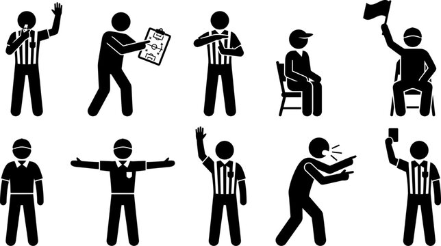Soccer referee and coach stick figure icon set vector illustration