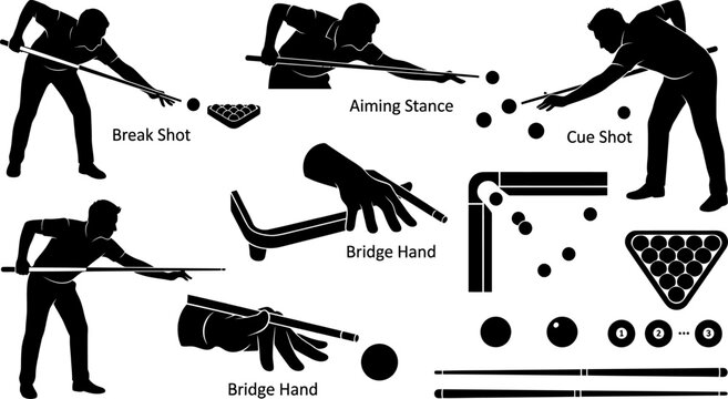 Billiards player silhouette collection with various shots and bridge hand