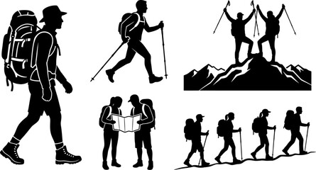 Fototapeta premium Set of black hiking and mountain trekking silhouette icons vector