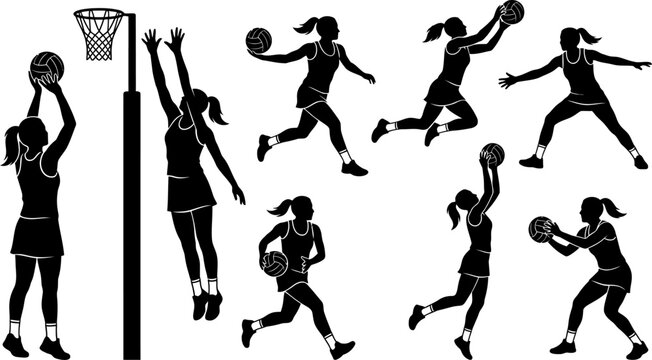 Netball player silhouettes set in various action poses vector illustration