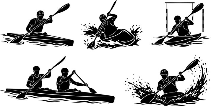 Set of black and white kayaking and canoeing silhouette vector illustrations