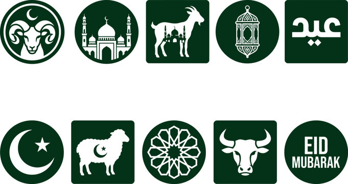 Eid Al Adha Mubarak Islamic icon set with ram mosque goat cow lantern and crescent for festival design, transparent background