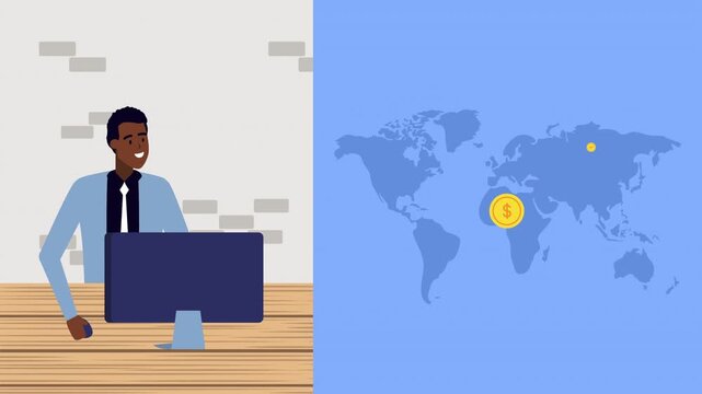 Man working at computer with global currency distribution shown on world map motion graphic.