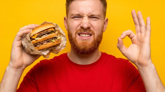 Bearded man holding a double cheeseburger making okay sign on yellow background fast food concept