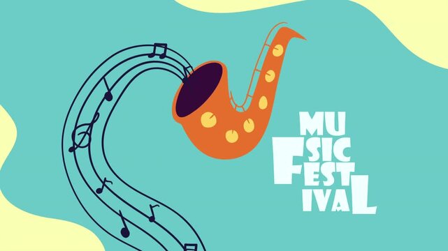 Animated saxophone with musical notes and text music festival on teal background.