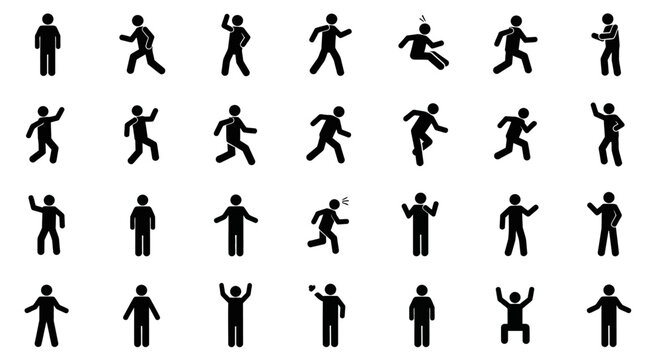 Dynamic Humans Silhouettes: A comprehensive collection of human stick figures in various dynamic poses, offering a versatile visual resource for concepts of movement, activity, and human behavior.
