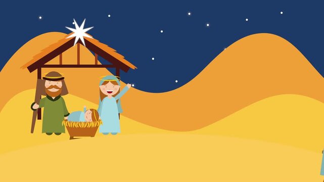 Animated nativity scene with holy family and three wise men in desert under night sky with star.