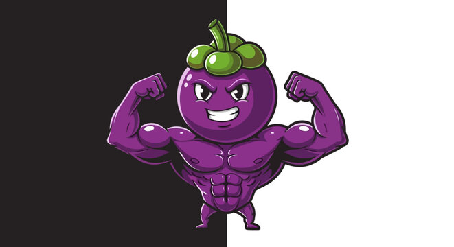 Super strong cartoon mangosteen character flexing powerful biceps with a confident grin on a split black and white background, expressing an ultimate bodybuilder mood