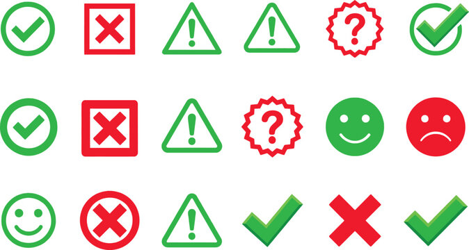 Set of flat featuring green check marks red crosses exclamation points in triangles question marks in starburst shapes and green smiling and red frowning emoticons on white background
