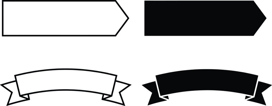 Set of four black and white banners including two rectangular arrow shapes and two curved ribbon scrolls with folded ends isolated on a white background for text placement