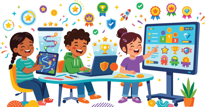 Diverse happy children using tablet and laptop for gamified learning showing digital rewards badges trophies and educational achievement progress.