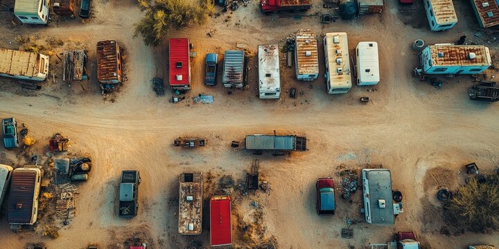 Aerial view of abandoned rusty campers and trucks in desert junkyard