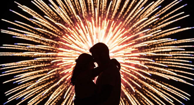 Romantic Couple Silhouettes Embrace Against a Vibrant, Sparkling Fireworks Display at Night