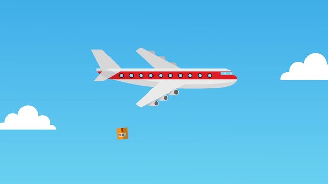 Airplane flying through clouds and dropping packages for delivery logistics and transportation.