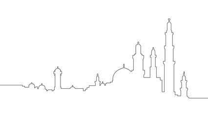 Obraz premium Continuous one line Islamic mosque city skyline illustration, Ramadan and Eid al Fitr architecture concept, minimalist linear vector design