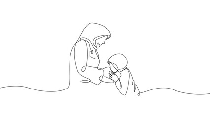 Obraz premium Continuous one line Muslim mother with child illustration, Islamic motherhood and Ramadan family care concept, minimalist linear vector design