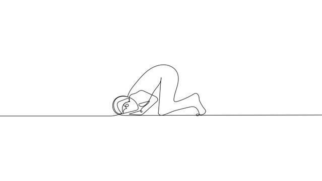 Continuous one line Muslim prayer prostration illustration, Islamic sujud worship and Ramadan spiritual devotion concept, minimalist linear vector design