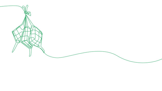 Continuous one line ketupat illustration, Eid al Fitr Ramadan festive decoration concept, minimalist linear green vector design