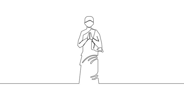 Continuous one line Muslim man praying illustration, Islamic salah worship and Ramadan spiritual devotion concept, minimalist linear vector design