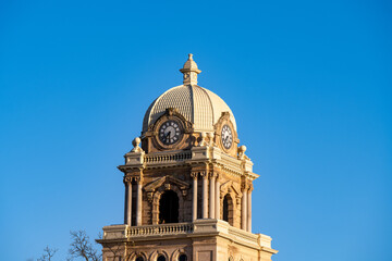 Ornate Clock Tower and Dome of Shiawassee County Courthouse Against Clear Blue Sky, Corunna Michigan © True North Photo