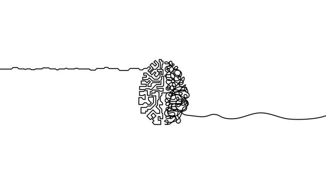 Continuous line human brain logic and creativity concept vector illustration, left and right brain contrast abstract thinking