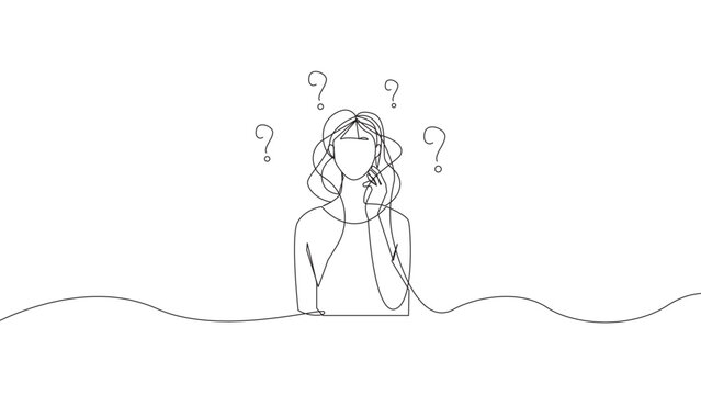 Continuous line confused woman with question marks vector illustration, overthinking doubt confusion mental state concept