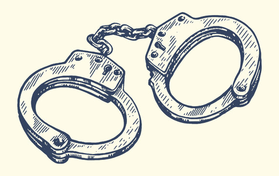 Pair of handcuffs with chain handcuffs shackles restraint restricting security authority imprisonment confinement detention incarceration punishment investigation enforcement equipment